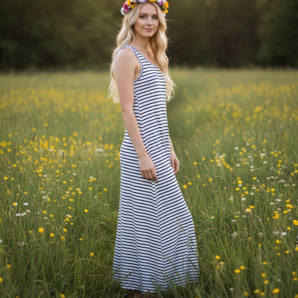 Lou Grey XS Womens Cream Blue Striped Tank Knit Maxi Dress Casual Coastal Lounge